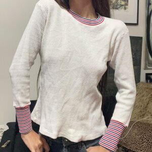 Vintage White Long Sleeve Ribbed Tee with Red & Navy Stripe Trim